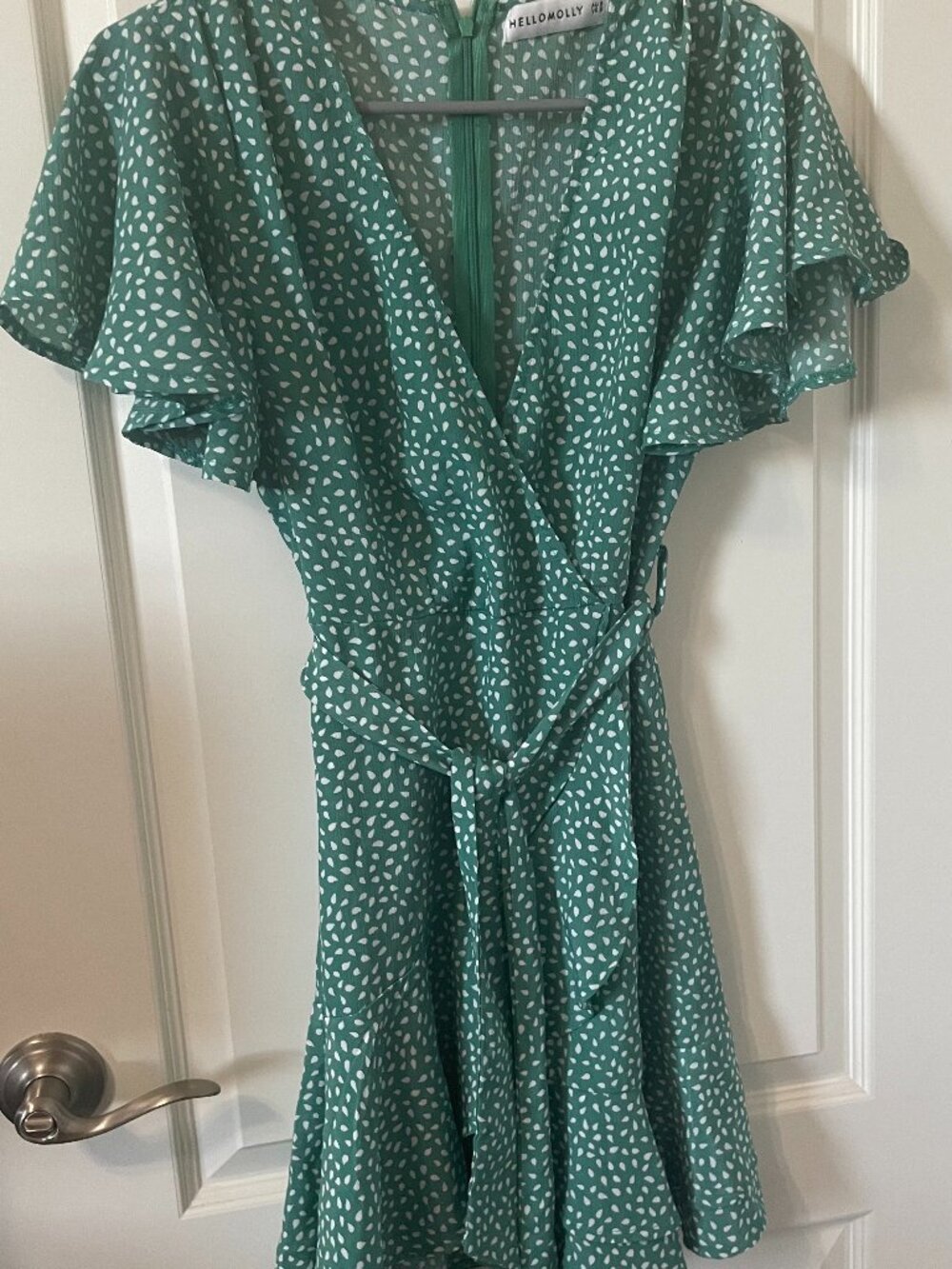 Hello Molly Green White print Mini faux Wrap Dress Small